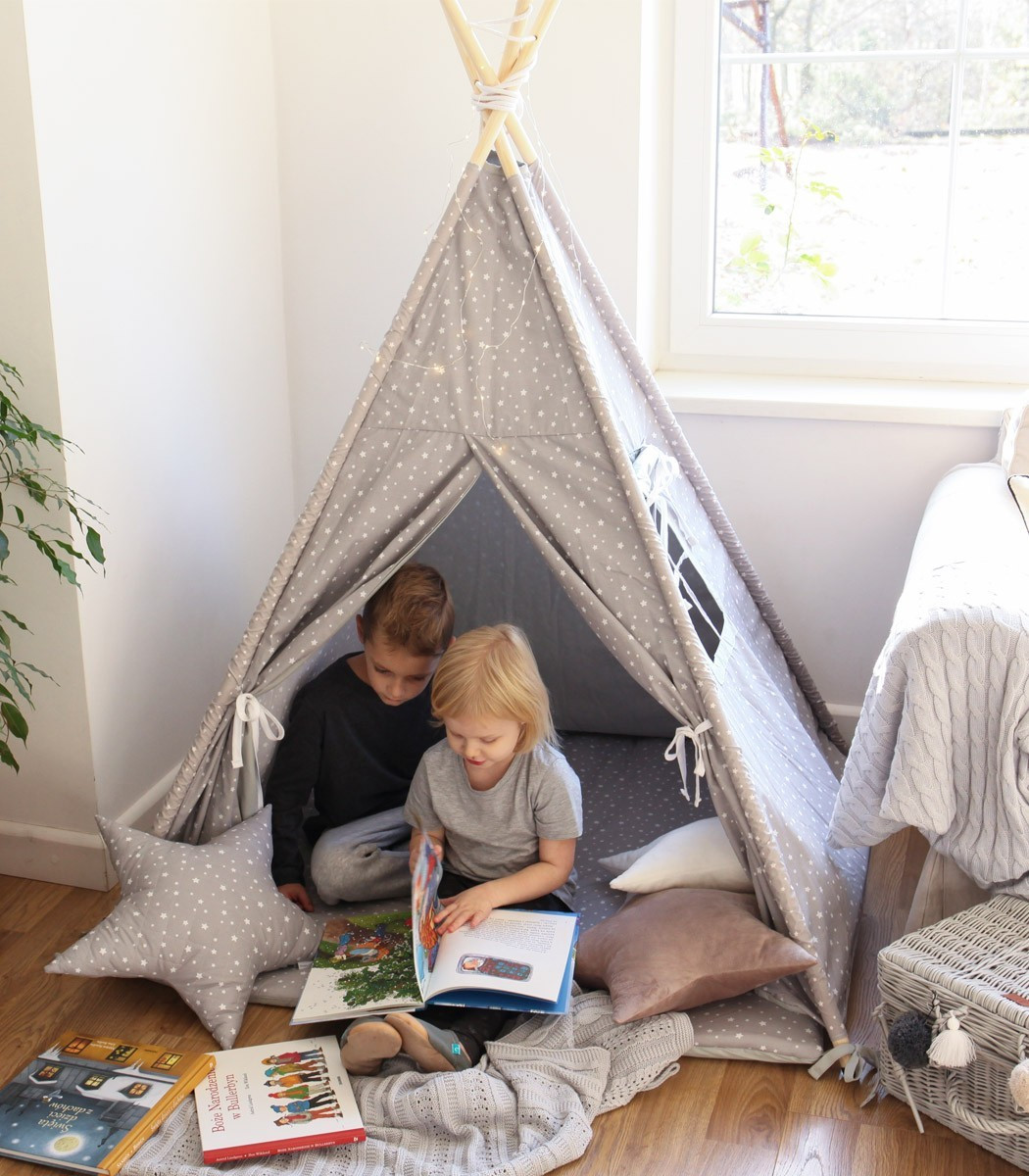 namiot-dla-dzieci-tipi-133dvi-1.jpg Namiot tipi szary w gwiazdki do pokoju dziecka MySweetRoom - obrazek 1