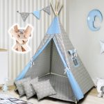 Namiot dla dzieci TIPI – Zestaw Duży 7 elementowy – Tipi Niebieski z Gwiazdką Szarą – PaLulli