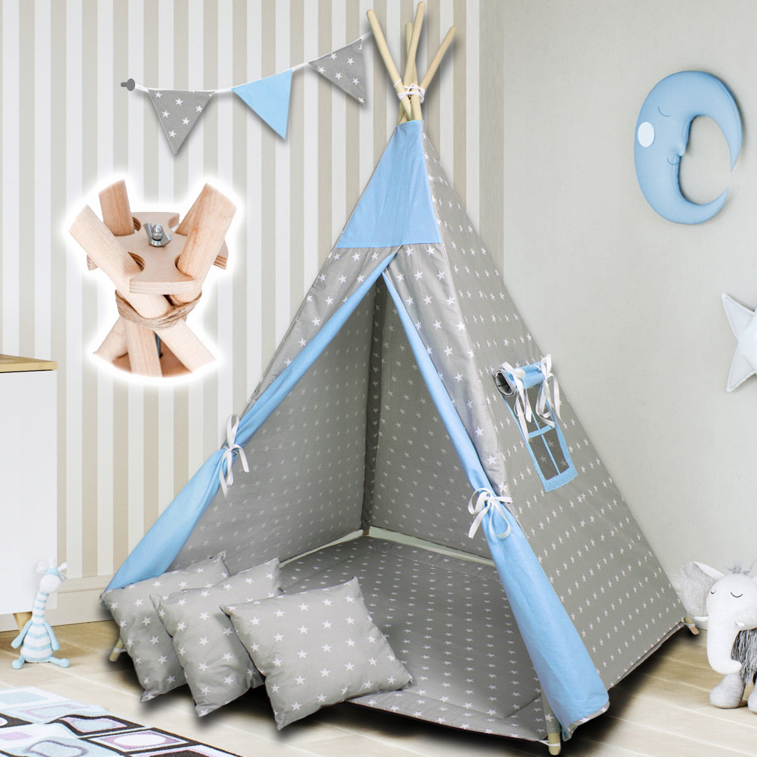 namiot-dla-dzieci-tipi-900ywj-1.jpg Namiot dla dzieci TIPI – Zestaw Duży 7 elementowy – Tipi Niebieski z Gwiazdką Szarą – PaLulli - obrazek 1