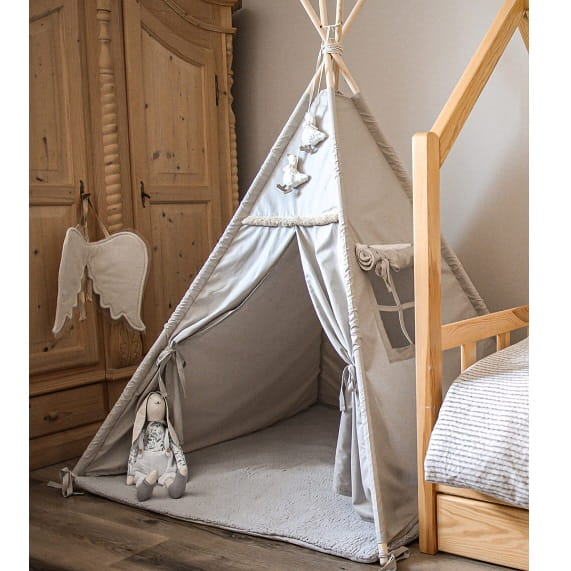 namiot-tipi-dla-chlopca-912enh.jpg Namiot tipi dla dzieci z matą podłogową szary + zawieszki gąski - obrazek 1
