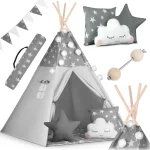 Namiot tipi dla dzieci z girlandą i światełkami Nukido szare w gwiazdki