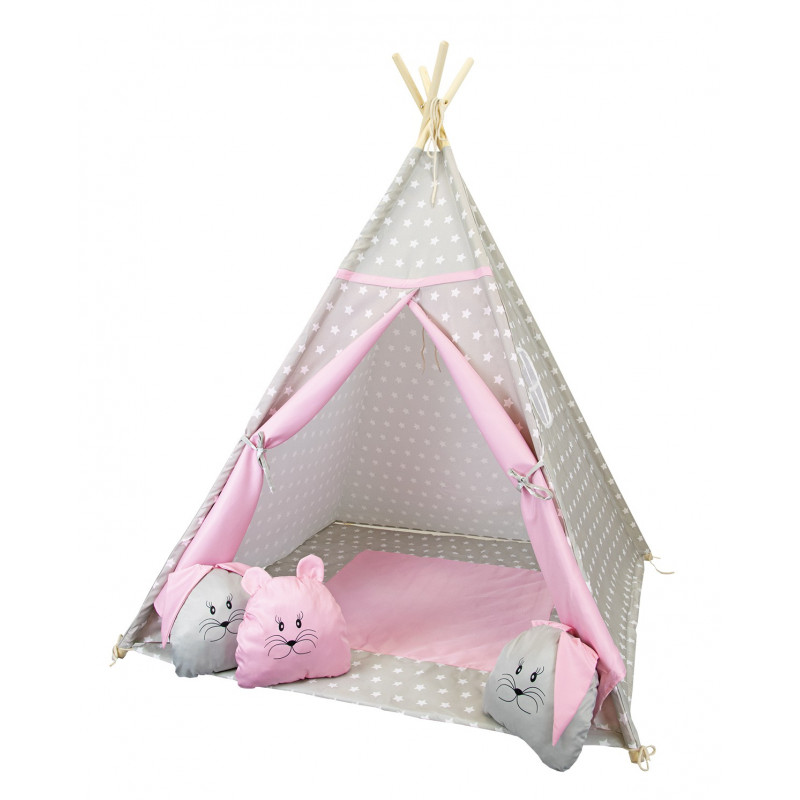 namiot-tipi-z-mata-i-poduszkami-434tef.jpg Szaro Różowe PREMIUM Tipi Królik Z Poduszkami - obrazek 1