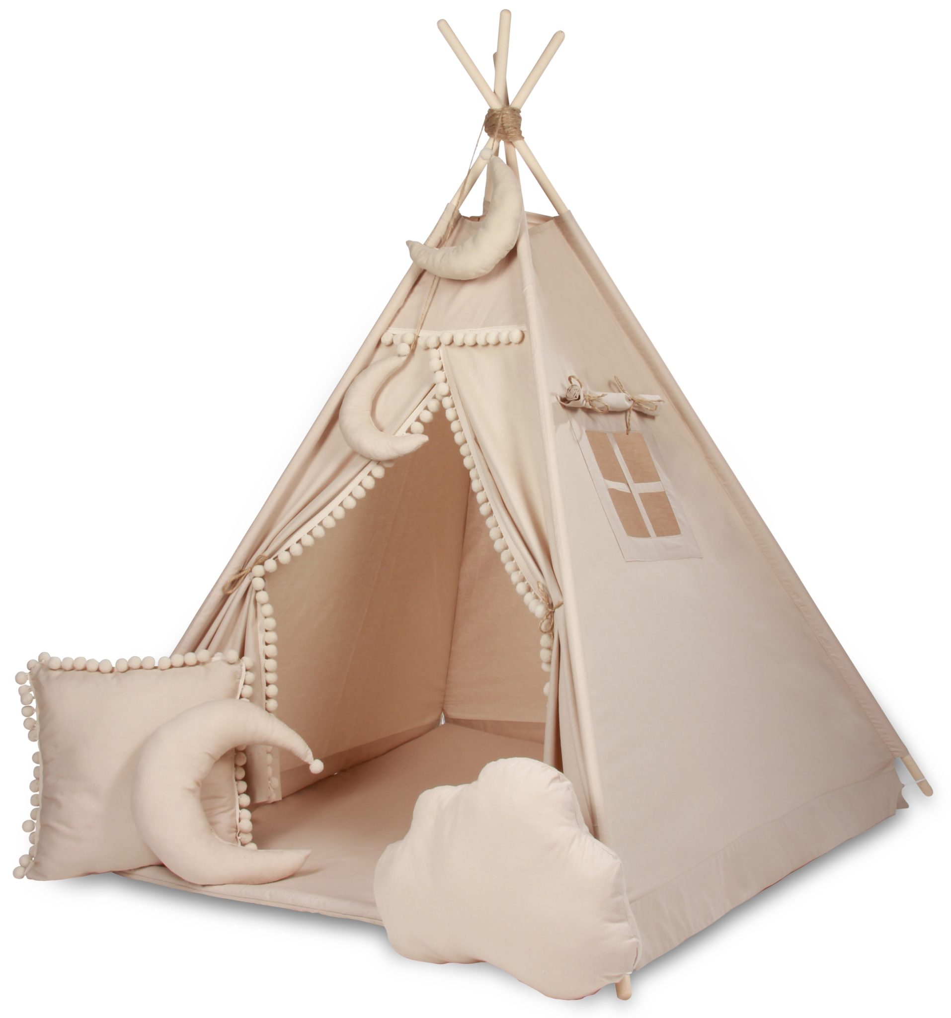 namiot-tipi-z-mata-i-poduszkami-589npb.jpg Zestaw namiot tipi beżowy z pomponami i matą + poduszki al - obrazek 1