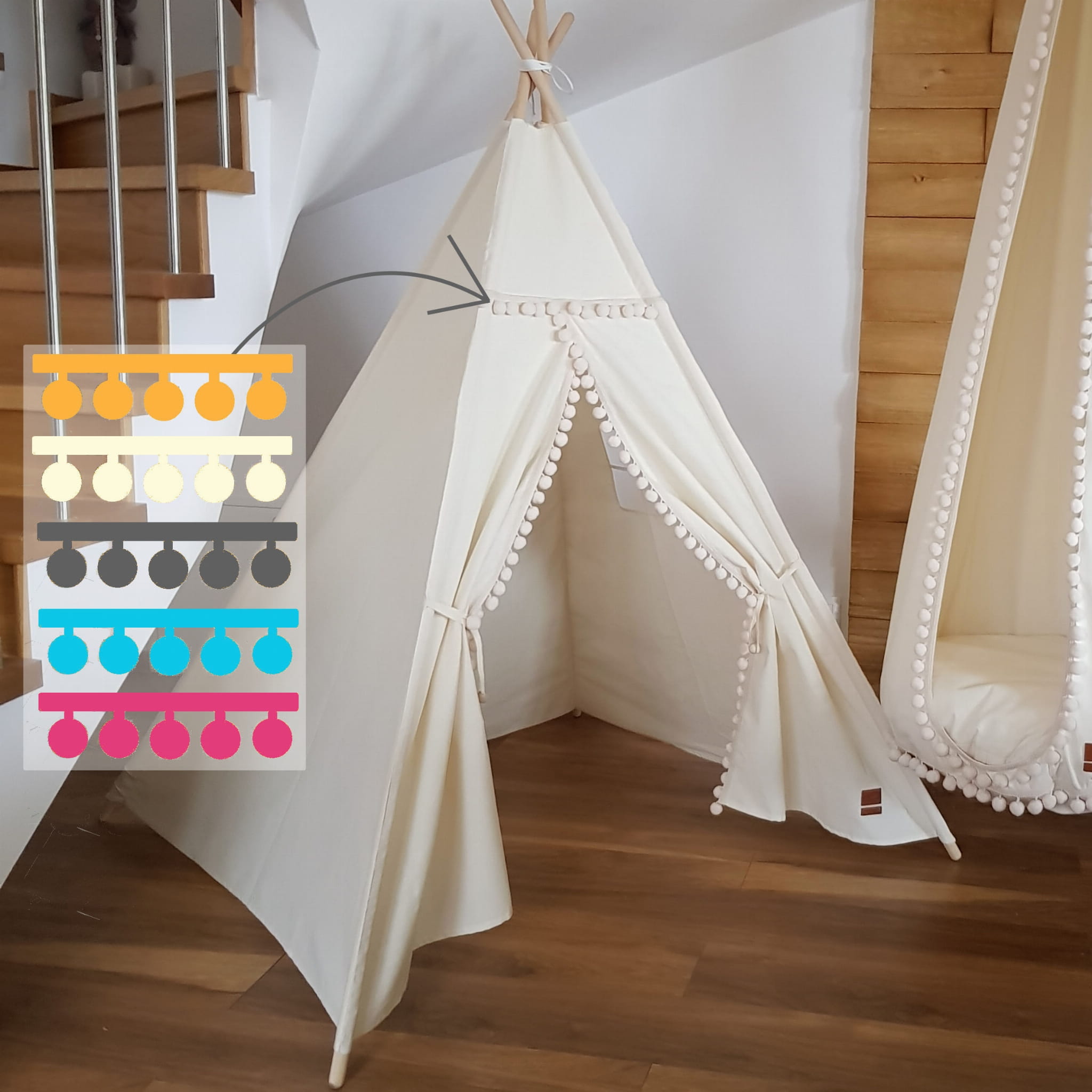 tipi-dla-dziecka-879gyh-1.jpg Namiot tipi boho naturalny z pomponami dla dzieci - obrazek 1