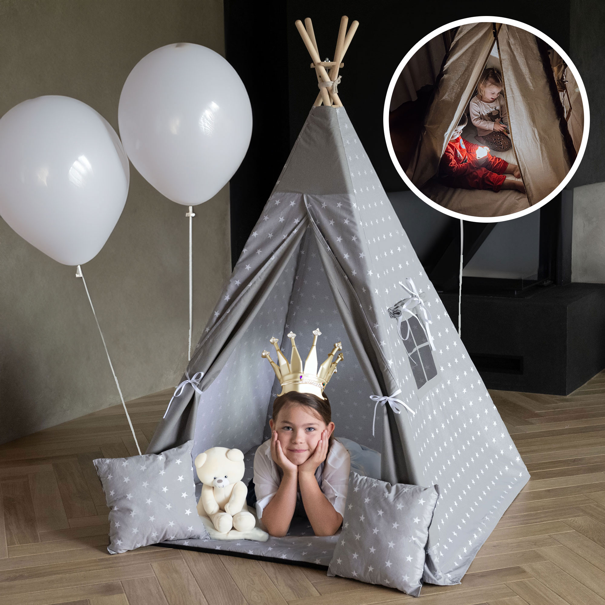 tipi-namiot-739lpm-1.jpg Namiot TIPI domek (teepee) Zestaw 6 elementowy dla dzieci z poduszkami, stabilizatorem i lampką Gwiazdy | KidHero - obrazek 1